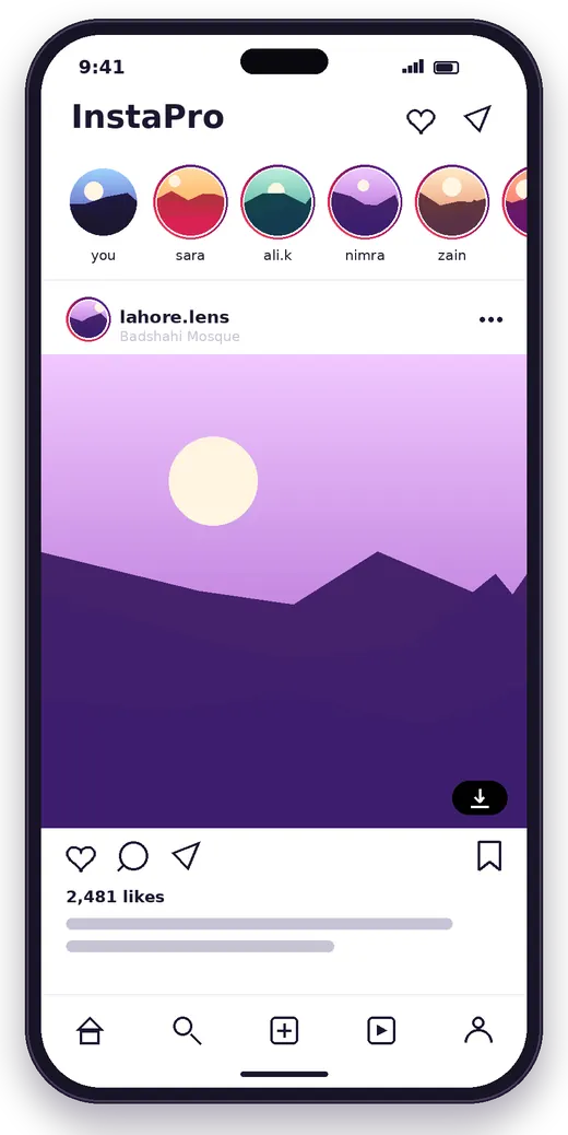Insta Pro home feed with a download button on a post